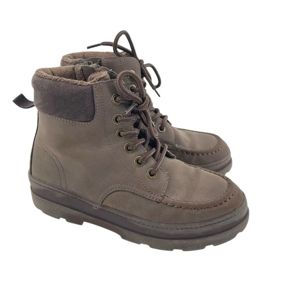 H&M Boys Size 1 Brown Faux Suede Moc Toe Lace Up Zip Chunky Sole Utility Boots